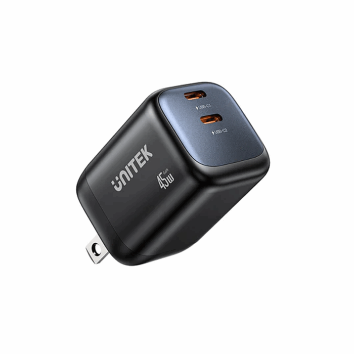 Unitek 2-port GaN USB-C Wall charger, 45W, US, Black - Image 1