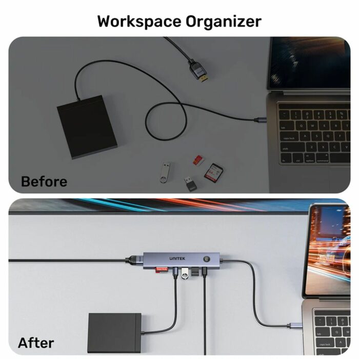 Unitek uHUB S7 Pro 7-in-1 5Gbps USB-C Hub with Screen On Off button, HDMI 4k@60Hz, USB-A 5Gbps, USB-C, SD Card, MicroSD card - Space Grey - Image 3