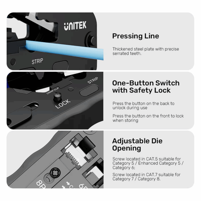 Unitek CAT7 Network Crimping Tool for 8P, 6P Connectors, Blue - Image 4