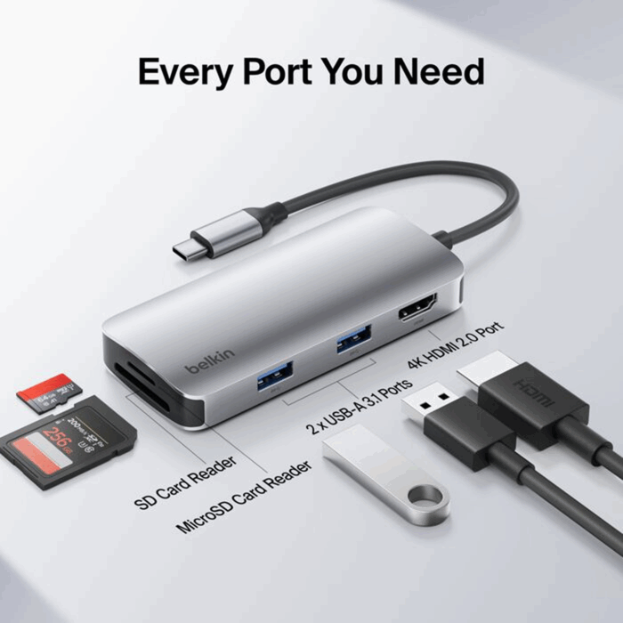 Belkin USB-C 5-in-1 Multiport Hub, 4K@60Hz, HDMI, SD, microSD, USB-A - Silver - Image 2