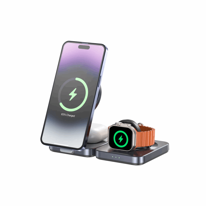 Unitek Foldable 3-in-1 Wireless Charger with Qi2, 15W, Grey - Image 4