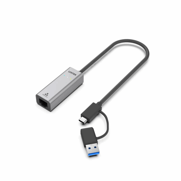 Unitek USB to RJ45 Gigabit Ethernet Adapter with USB-C and USB-A connectors - Space Grey - Image 1