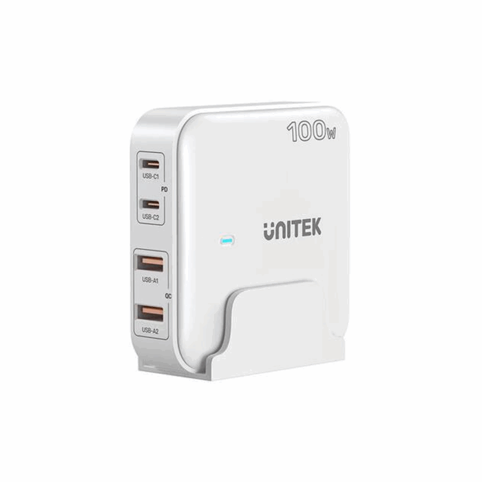 Unitek 4-in-1 100W Desktop GaN Charging Station, USB-C, USB-A, EU Plug with 1.5m power cord - White - Image 1