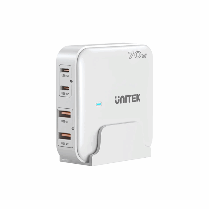 Unitek 4-in-1 70W Desktop GaN Charging Station, USB-C, USB-A, EU Plug with 1.5m power cord - White - Image 1