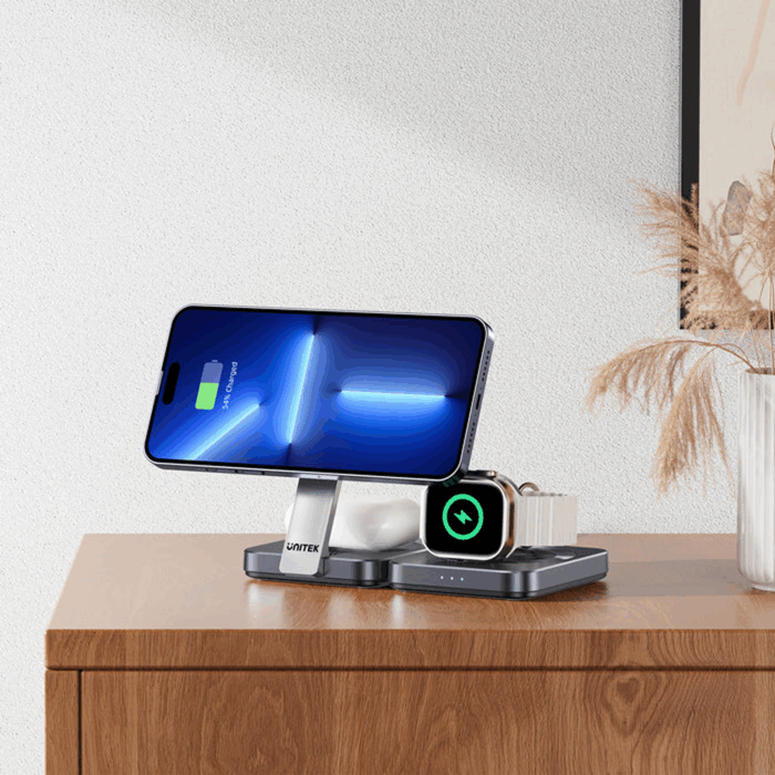 Unitek Foldable 3-in-1 Wireless Charger with Qi2, 15W, Grey - Image 3
