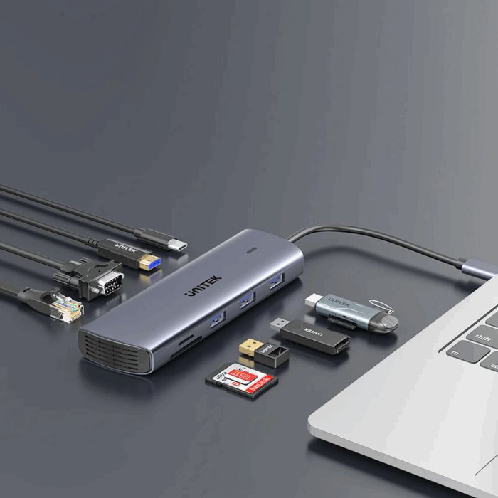 Unitek D1113A, 9-in-1 USB-C 5Gbps Hub, HDMI, VGA, USB-A, SD & MicroSD card reader, RJ45 - Space Grey - Image 2