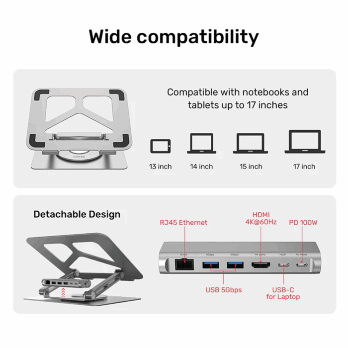 Unitek D1109A, 360° Rotating Laptop Stand with Hub, USB-C, USB-A, HDMI, Gigabit Ethernet - Space Grey - Image 3