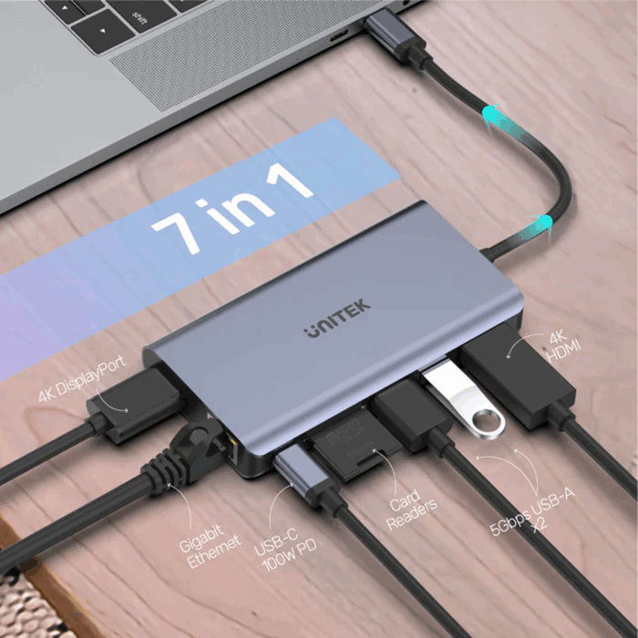 Unitek D1056A, 7-in-1 Type-C Hub with MST, HDMI, DP, USB-A, USB-C, SD card reader, RJ45 - Space Grey - Image 2