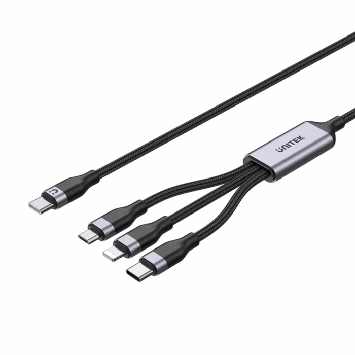 Unitek 3-in-1 Multi Charging Cable, USB-C to Lightning/USB-C/Micro USB, 1.5m, PD20W, 480Mbps Data, Black - Image 1