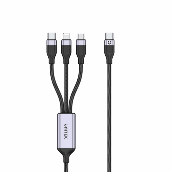 Unitek 3-in-1 Multi Charging Cable, USB-C to Lightning/USB-C/Micro USB, 1.5m, PD20W, 480Mbps Data, Black - Image 2