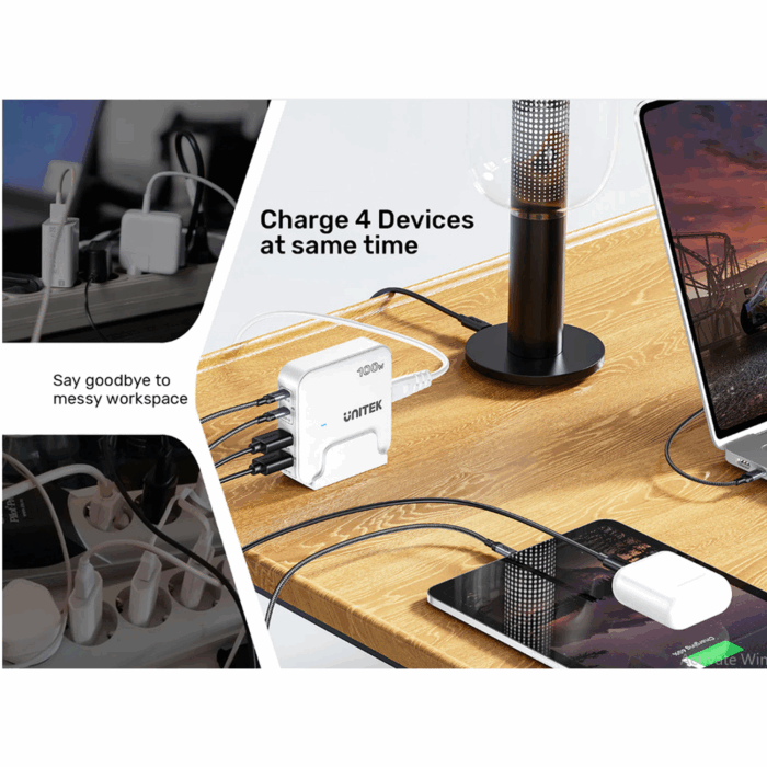 Unitek 4-in-1 100W Desktop GaN Charging Station, USB-C, USB-A, EU Plug with 1.5m power cord - White - Image 2