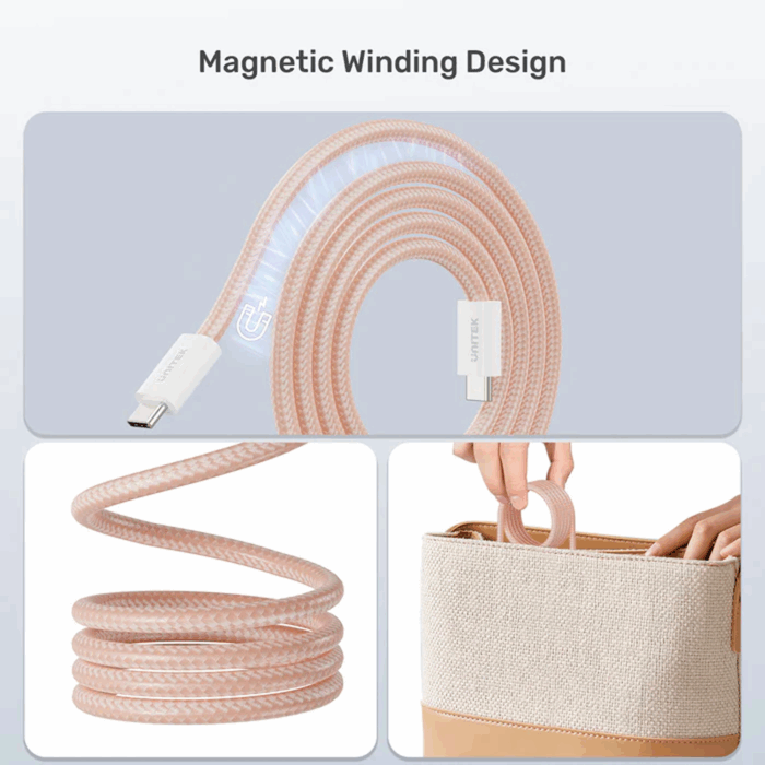 Unitek Magnetic Cable, USB-C to USB-C, 1m, PD100W, 480Mbps Data, Pink - Image 3