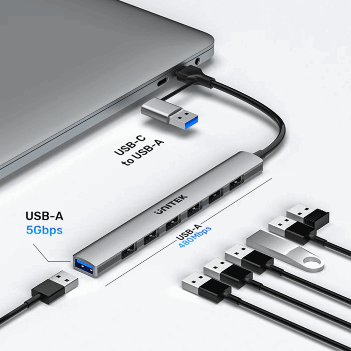 Unitek 7-in-1, 7 USB-A Ports with USB-C to USB-A Adapter - Space Grey - Image 2