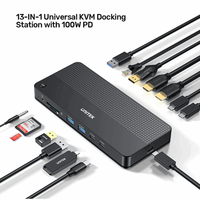 Unitek 13-in-1 Universal Dual 4K KVM Docking Station, USB-C, USB-A, HDMI, DP, SD & Micro SD card reader, Audio, RJ45 Gigabit Ethernet - Black - Image 2