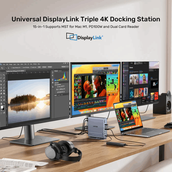 Unitek 15-in-1 Universal DisplayLink Triple 4K Docking Station with MST, HDMI, DP, USB-A, USB-C, SD card reader, Audio, RJ45 Ethernet - Space Grey - Image 2